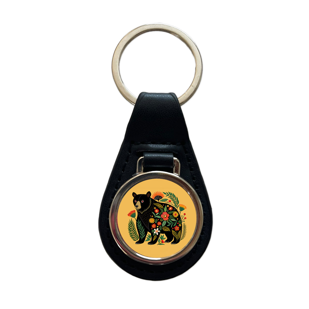 Black Bear Floral Motif Black Leather Metal Keychain