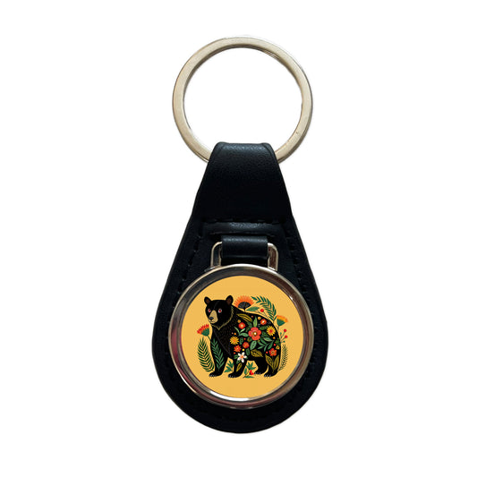 Black Bear Floral Motif Black Leather Metal Keychain