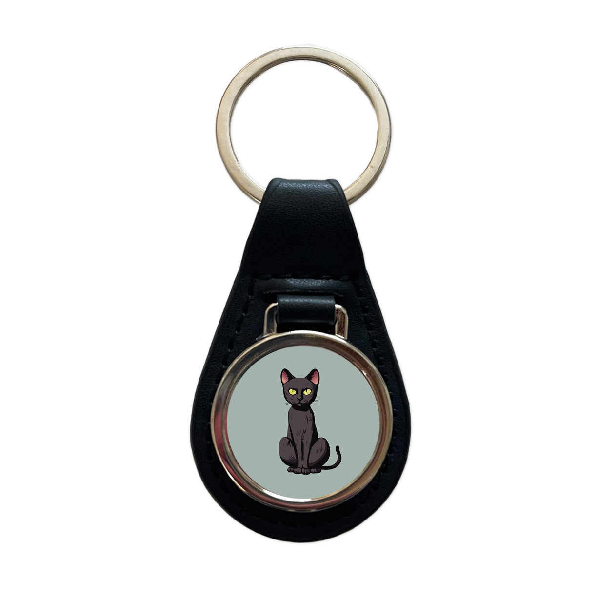 Black Bombay Cat Sitting Black Leather Metal Keychain