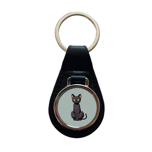 Black Bombay Cat Sitting Black Leather Metal Keychain