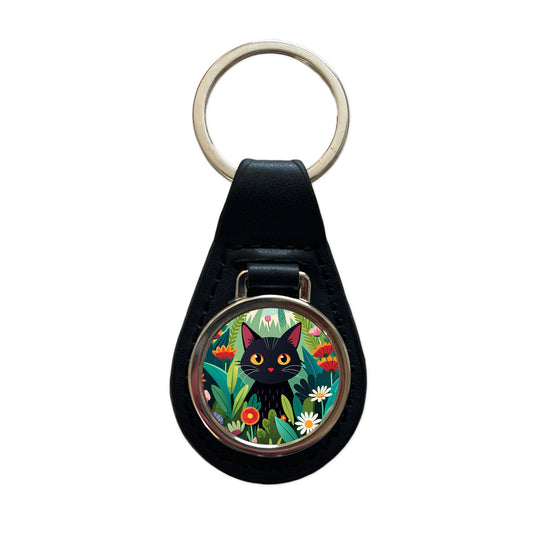 Black Cat Hiding in Flower Garden Black Leather Metal Keychain