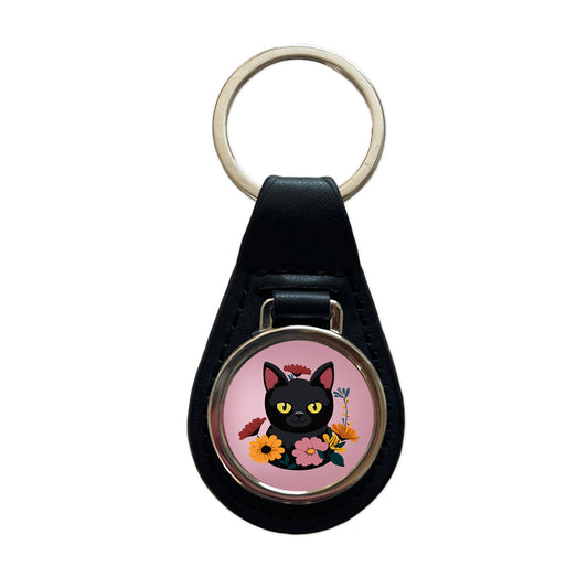 Black Cat in Flowers Black Leather Metal Keychain