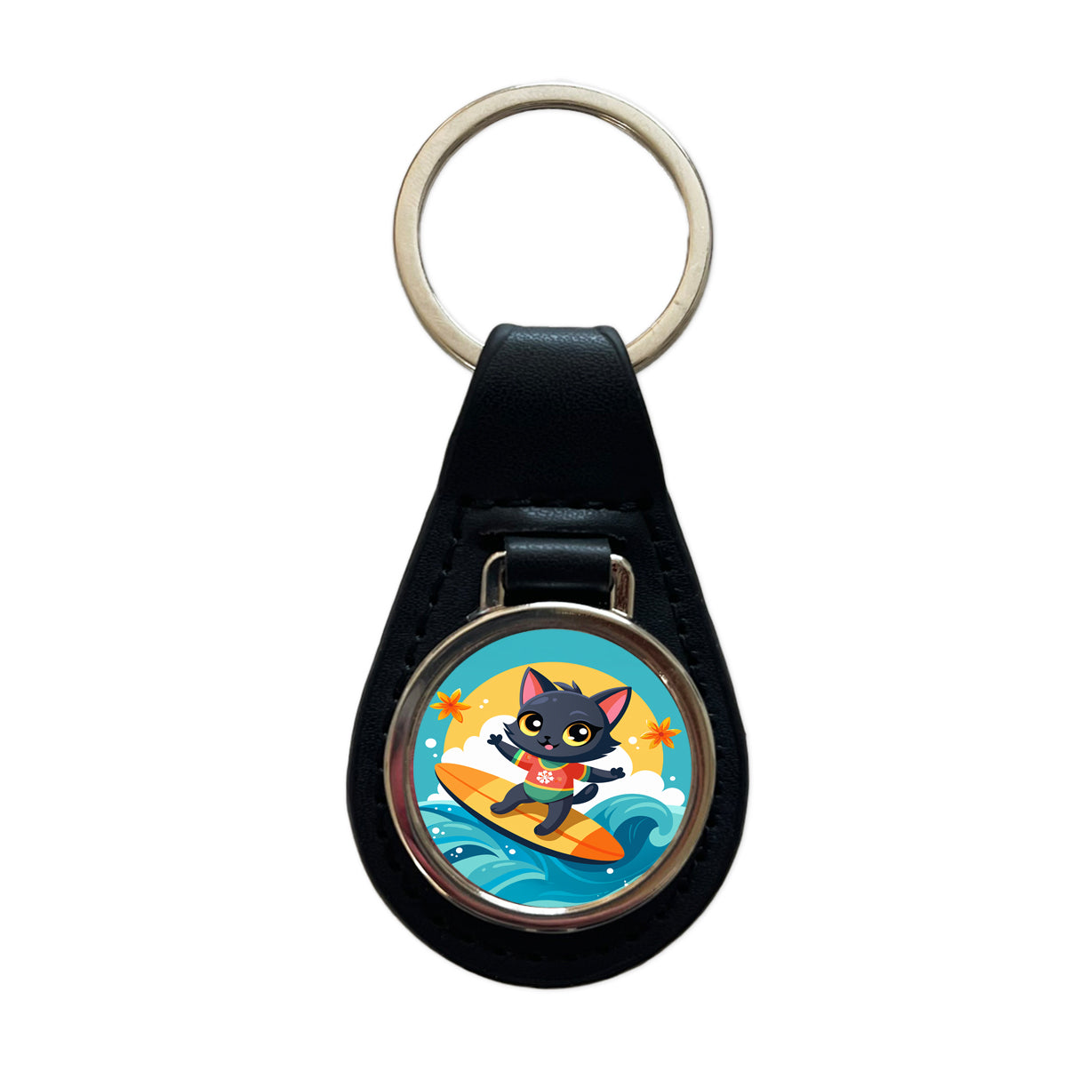 Black Cat Kitty Girl Surfing Black Leather Metal Keychain