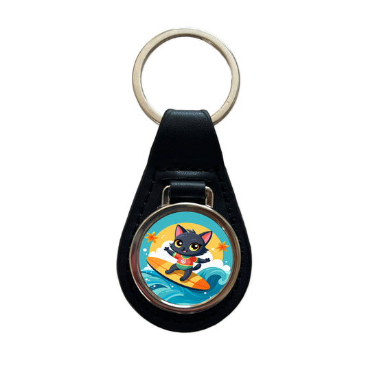 Black Cat Kitty Girl Surfing Black Leather Metal Keychain