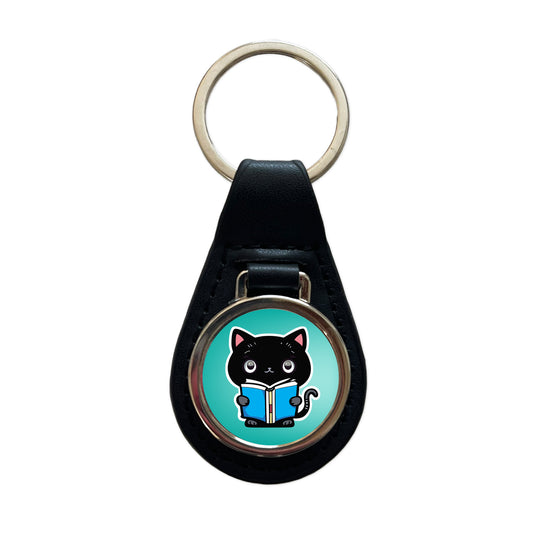 Black Cat Reading Book Black Leather Metal Keychain