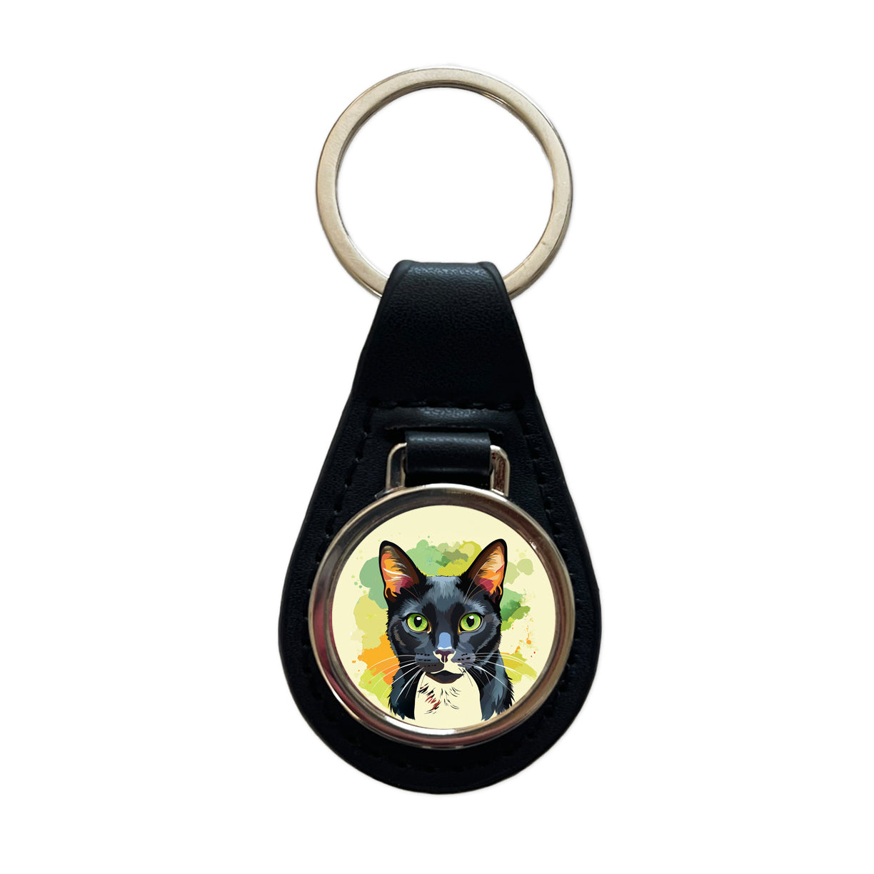 Black Cat Watercolor Black Leather Metal Keychain
