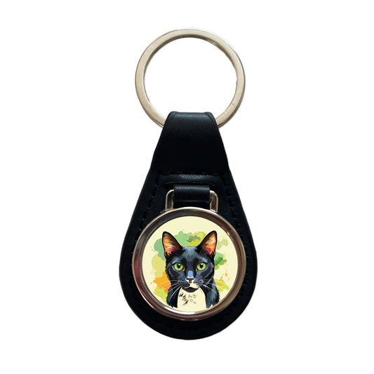 Black Cat Watercolor Black Leather Metal Keychain