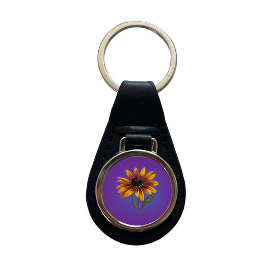 Black Eyed Susan Flower Yellow Watercolor Black Leather Metal Keychain