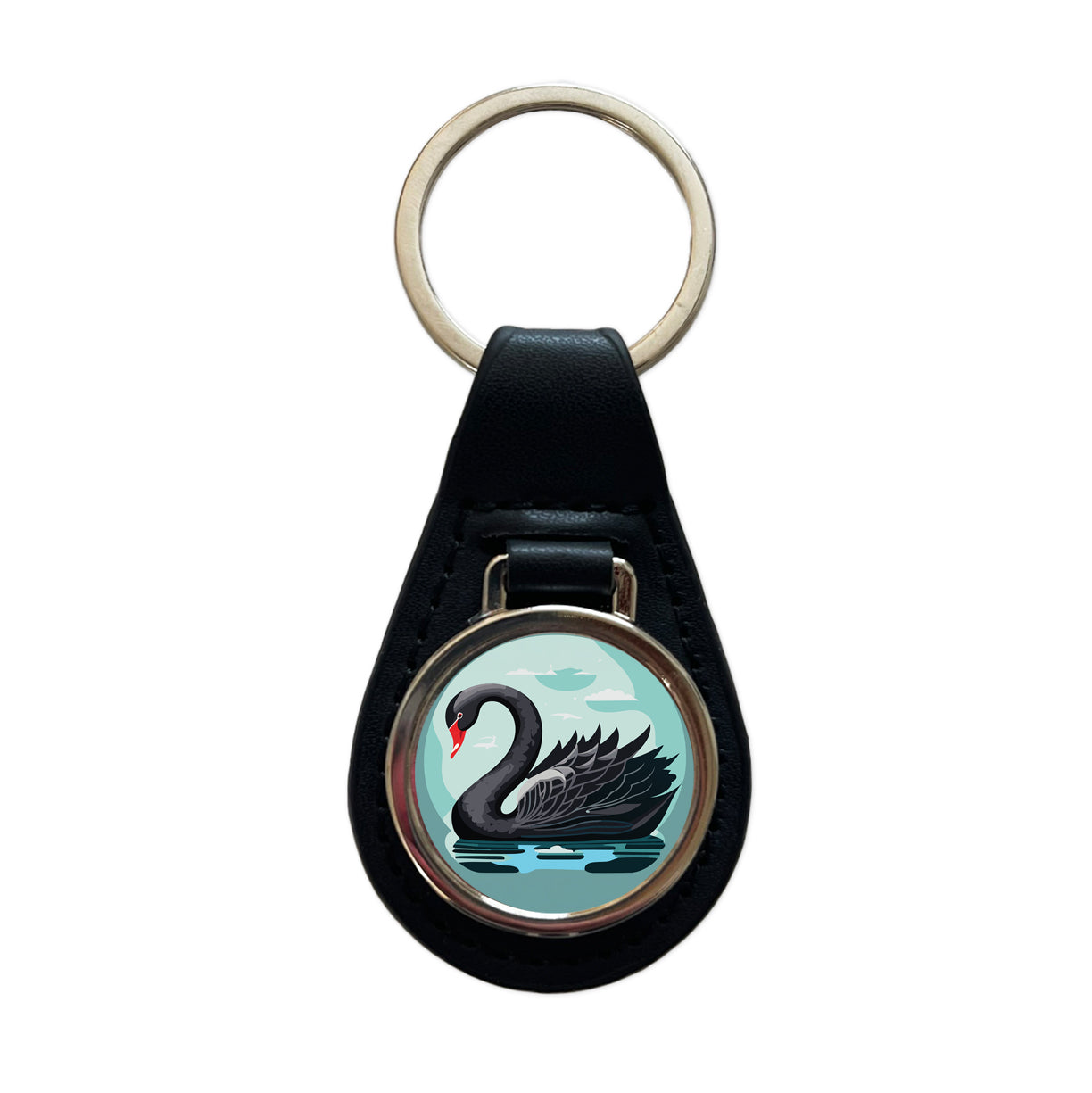 Black Swan Swimming Black Leather Metal Keychain