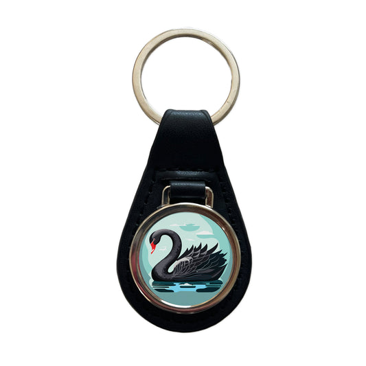 Black Swan Swimming Black Leather Metal Keychain