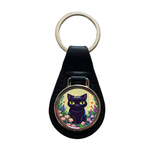 Black White Cat in Flower Garden Black Leather Metal Keychain