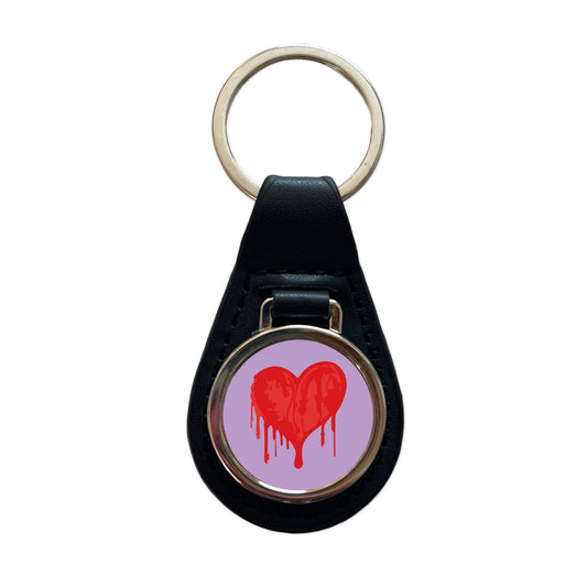 Bleeding Heart Red Black Leather Metal Keychain