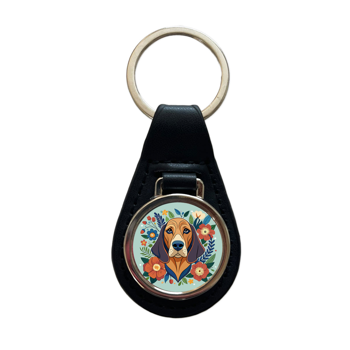 Bloodhound Dog Floral Flowers Black Leather Metal Keychain