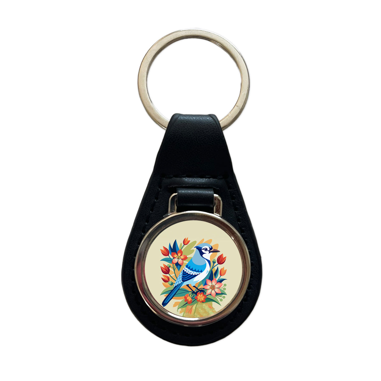 Blue Jay Floral Flowers Black Leather Metal Keychain