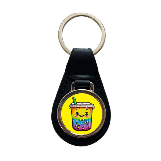 Boba Bubble Tea Rainbow Cute Black Leather Metal Keychain