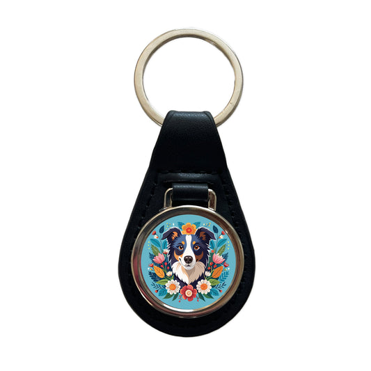 Border Collie Dog Floral Flowers Black Leather Metal Keychain