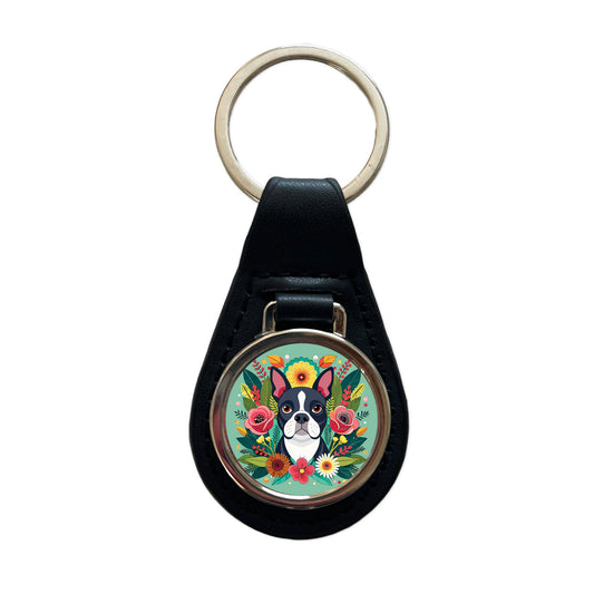 Boston Terrier Dog Floral Flowers Black Leather Metal Keychain