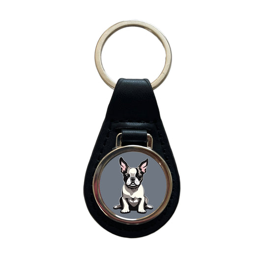 Boston Terrier Dog Sitting Black Leather Metal Keychain