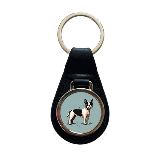 Boston Terrier Dog Standing Black Leather Metal Keychain