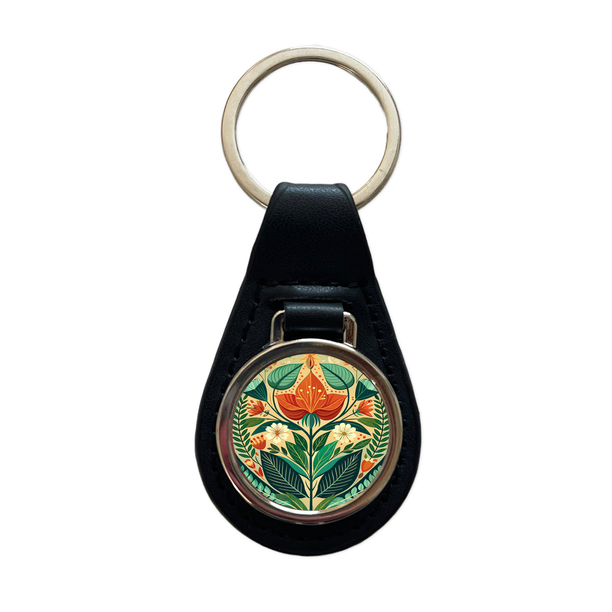 Botanical Floral Art Nouveau Design Black Leather Metal Keychain