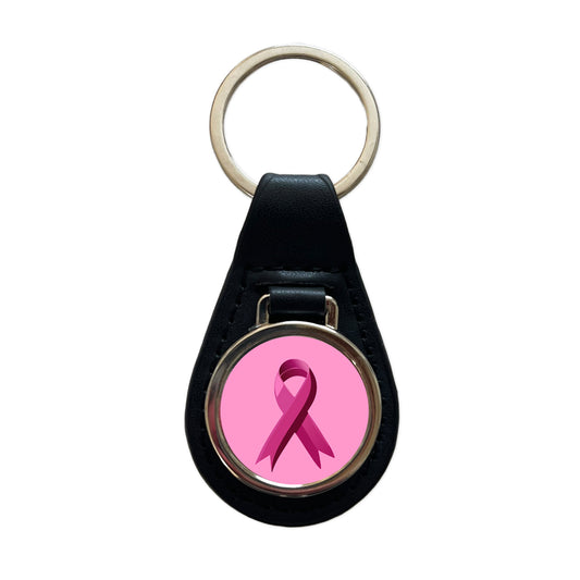 Breast Cancer Awareness Ribbon Pink Black Leather Metal Keychain