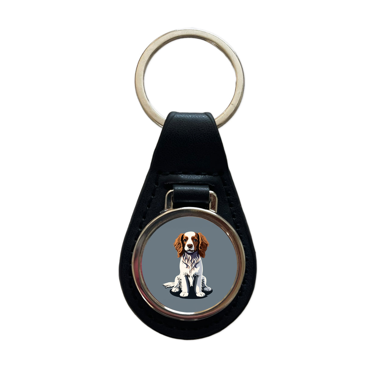 Brittany Spaniel Dog Sitting Black Leather Metal Keychain