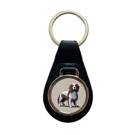 Brittany Spaniel Dog Standing Black Leather Metal Keychain