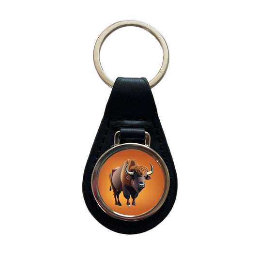 Buffalo Standing Black Leather Metal Keychain