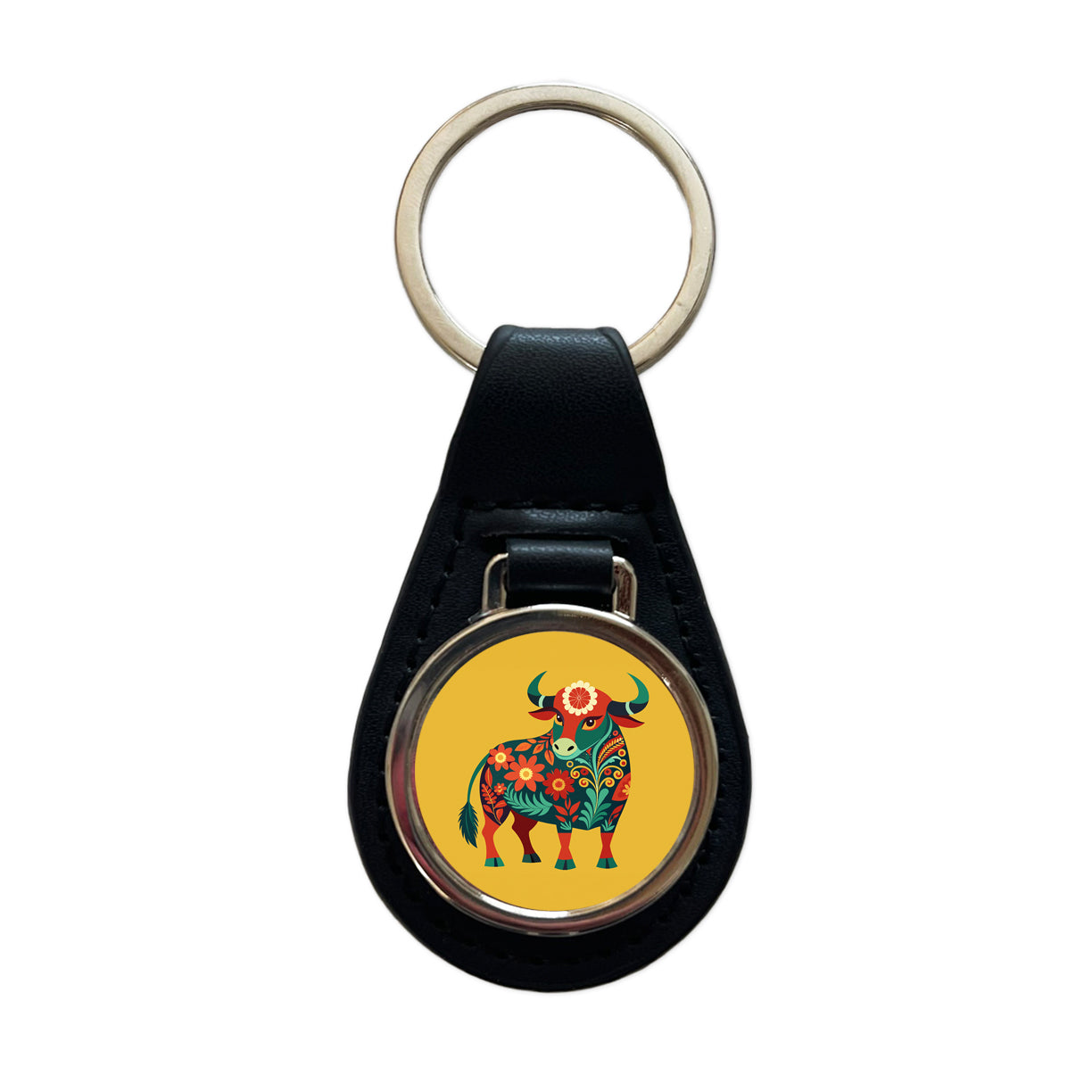 Bull Cow Floral Flowers Black Leather Metal Keychain
