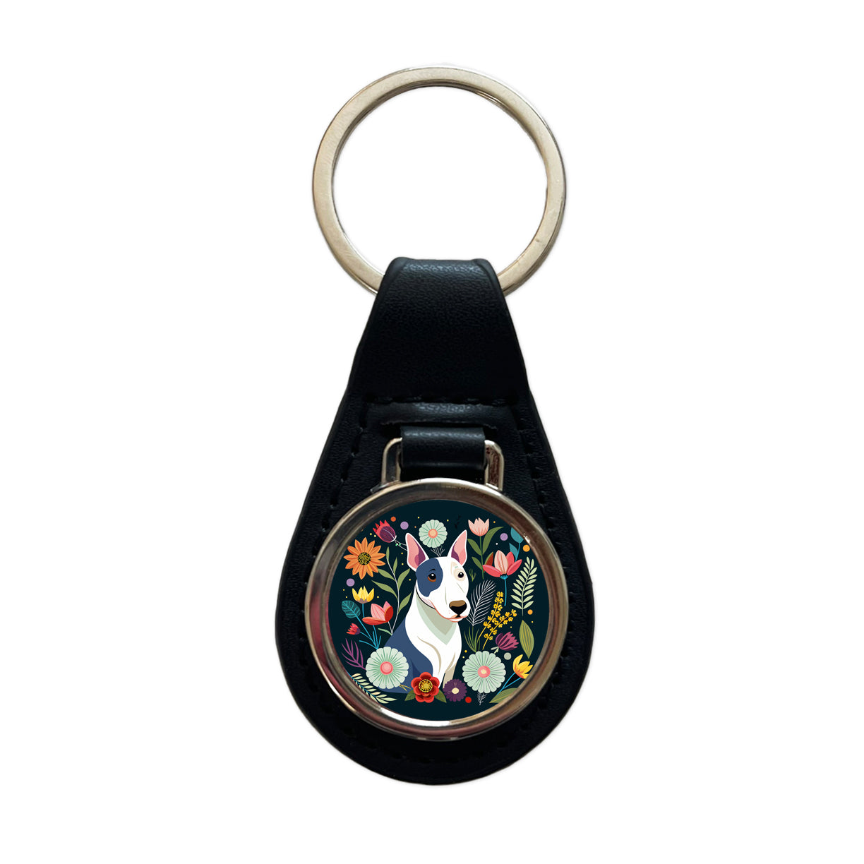 Bull Terrier Dog Floral Flowers Black Leather Metal Keychain