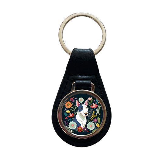 Bull Terrier Dog Floral Flowers Black Leather Metal Keychain