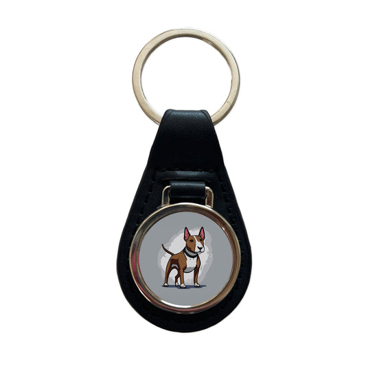 Bull Terrier Dog Standing Black Leather Metal Keychain