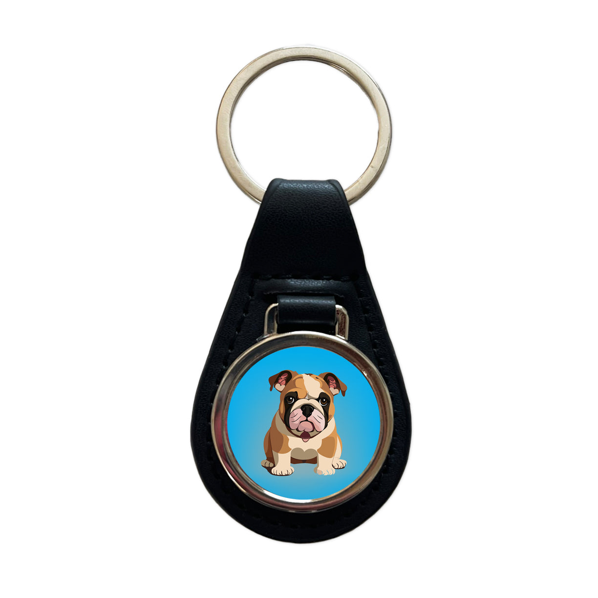 Bulldog Cute Dog Sitting Black Leather Metal Keychain