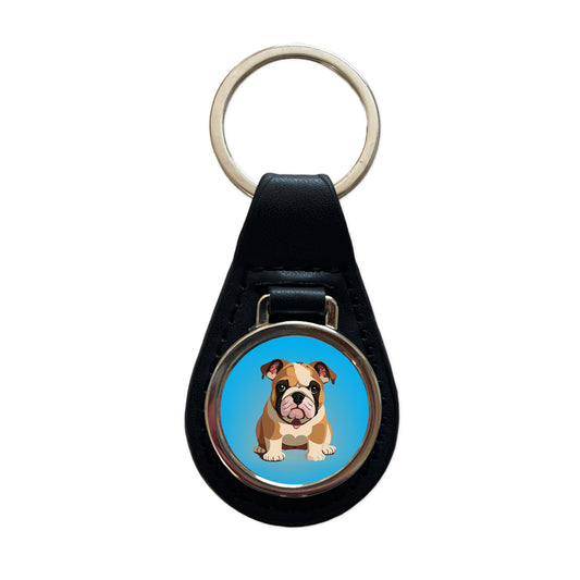 Bulldog Cute Dog Sitting Black Leather Metal Keychain