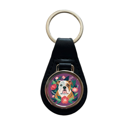 Bulldog Dog Floral Flowers Purple Background Black Leather Metal Keychain
