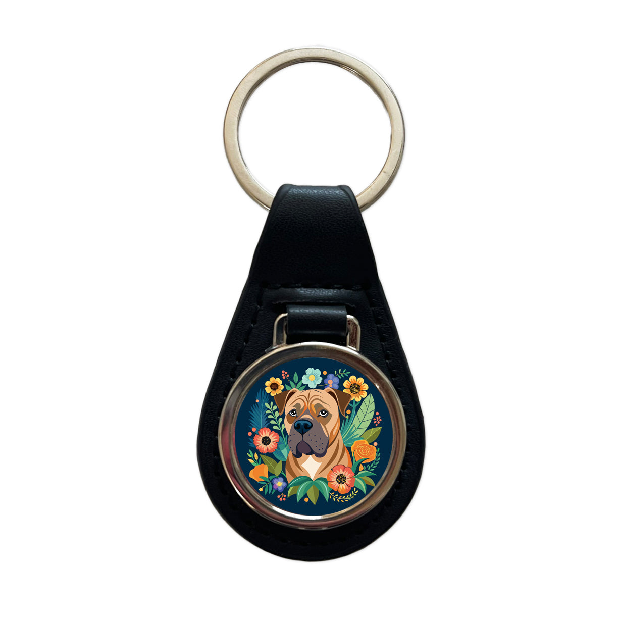 Bullmastiff Dog Floral Flowers Black Leather Metal Keychain