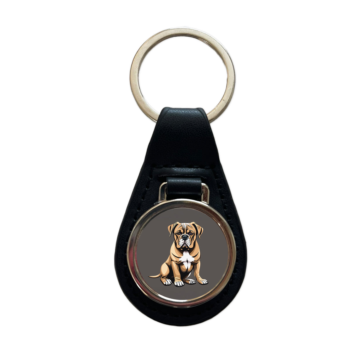 Bullmastiff Dog Sitting Black Leather Metal Keychain