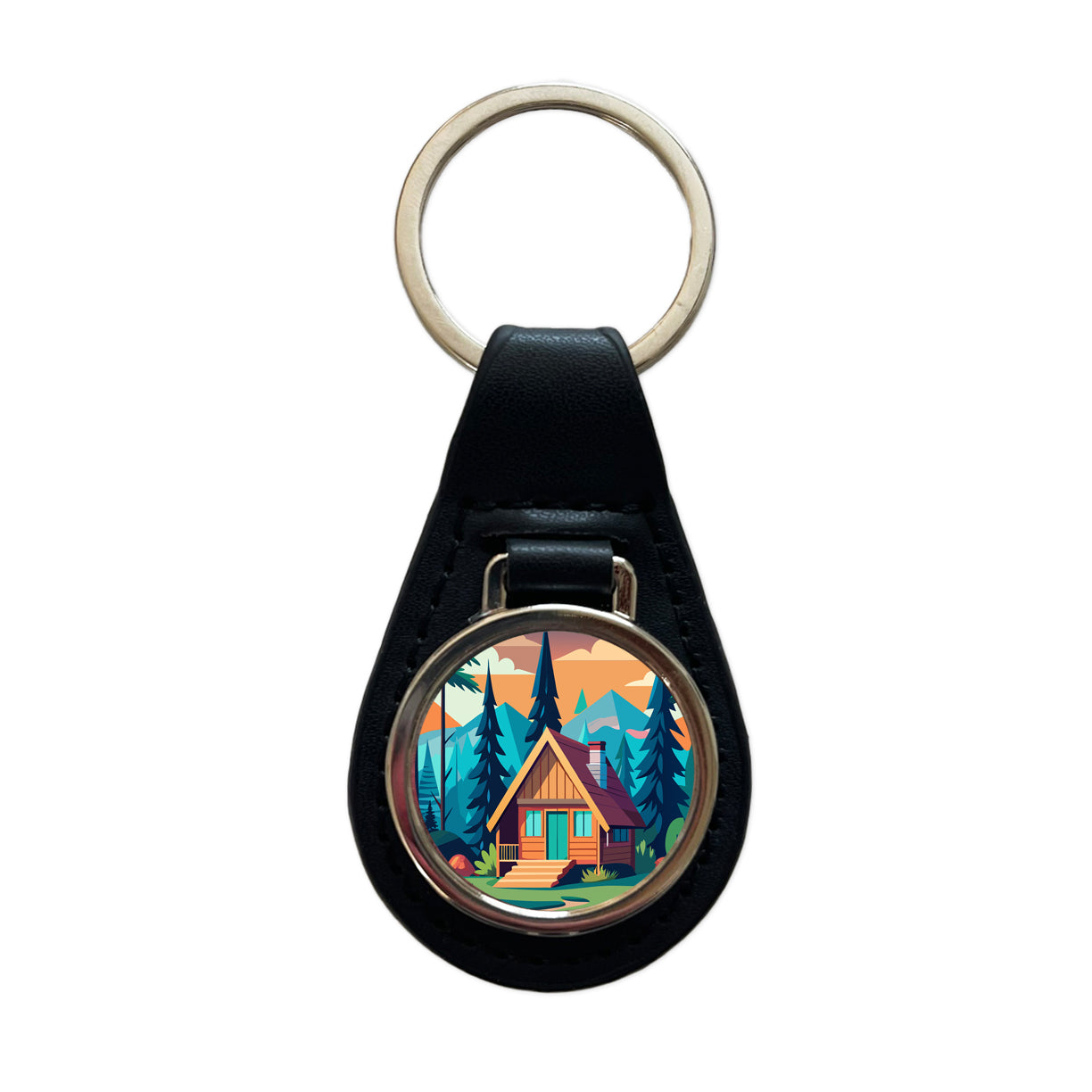 Cabin in the Forest Rustic Log Black Leather Metal Keychain