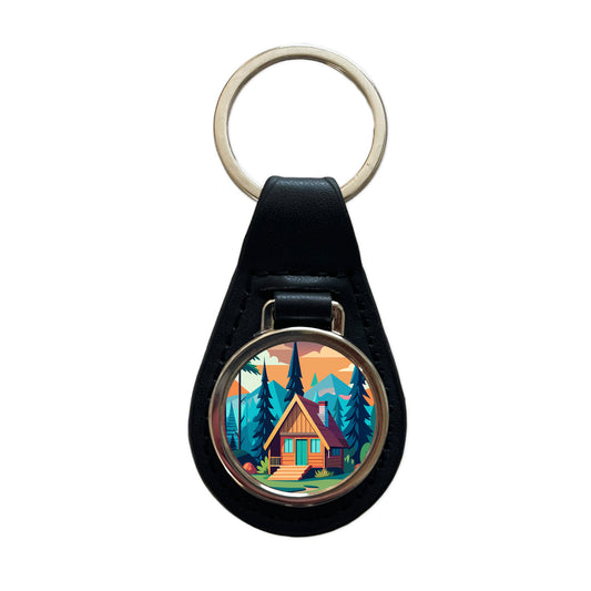 Cabin in the Forest Rustic Log Black Leather Metal Keychain