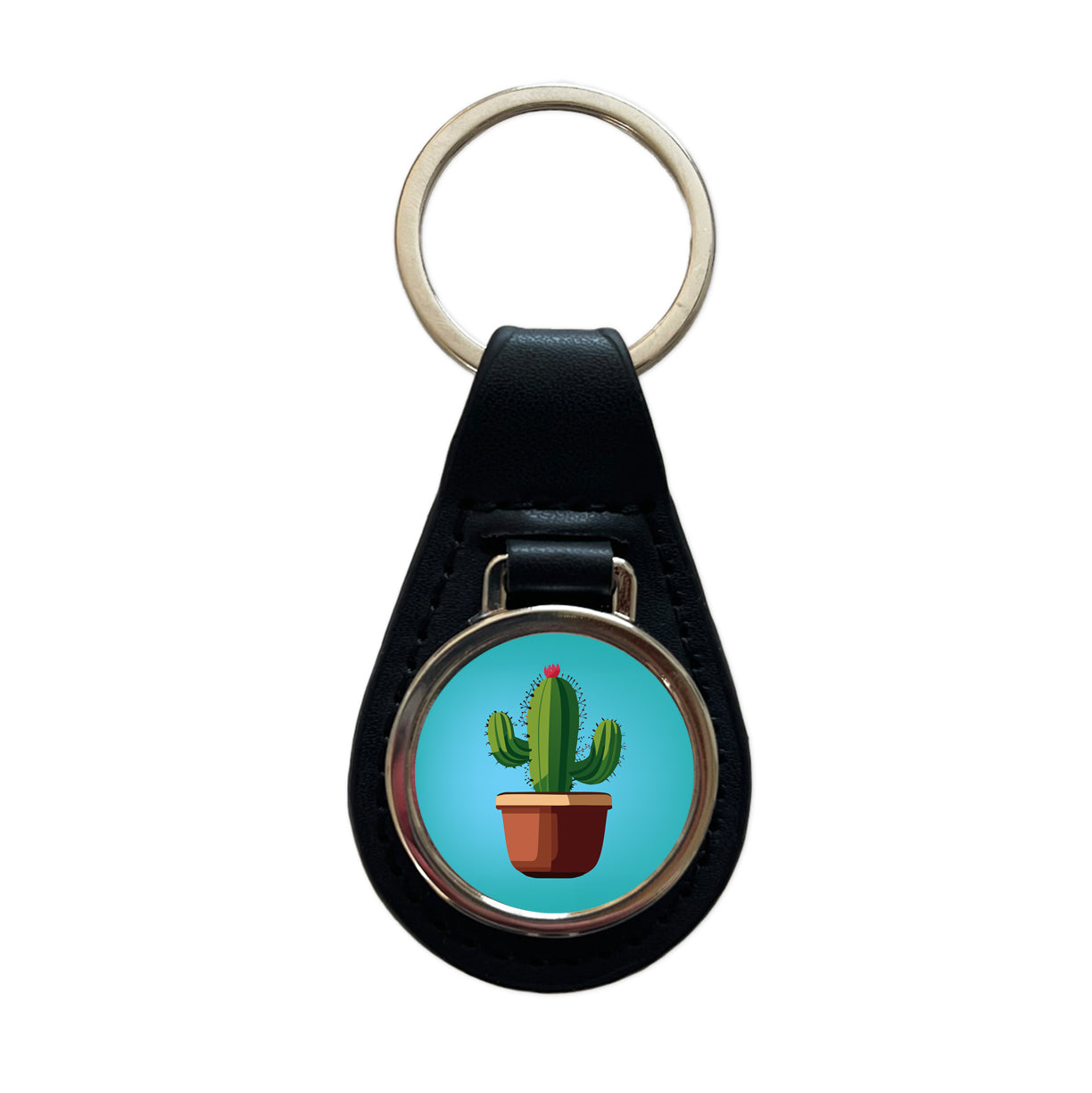 Cactus in Pot Black Leather Metal Keychain