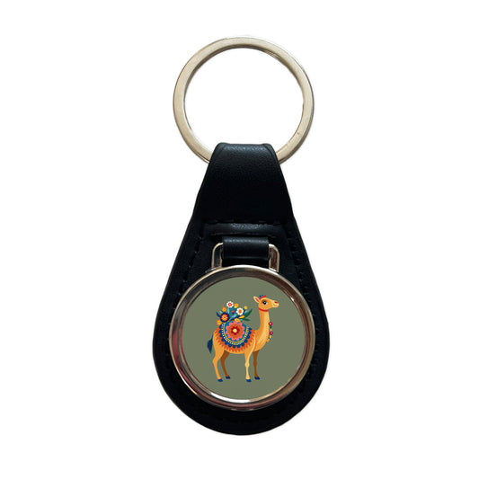 Camel Floral Flowers Black Leather Metal Keychain