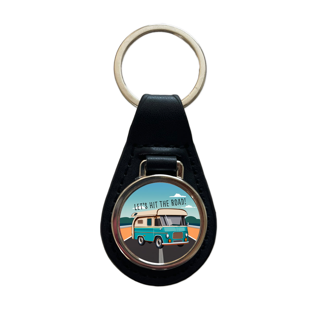 Camper RV Retro Vintage Traveling Hit the Road Camping Black Leather Metal Keychain