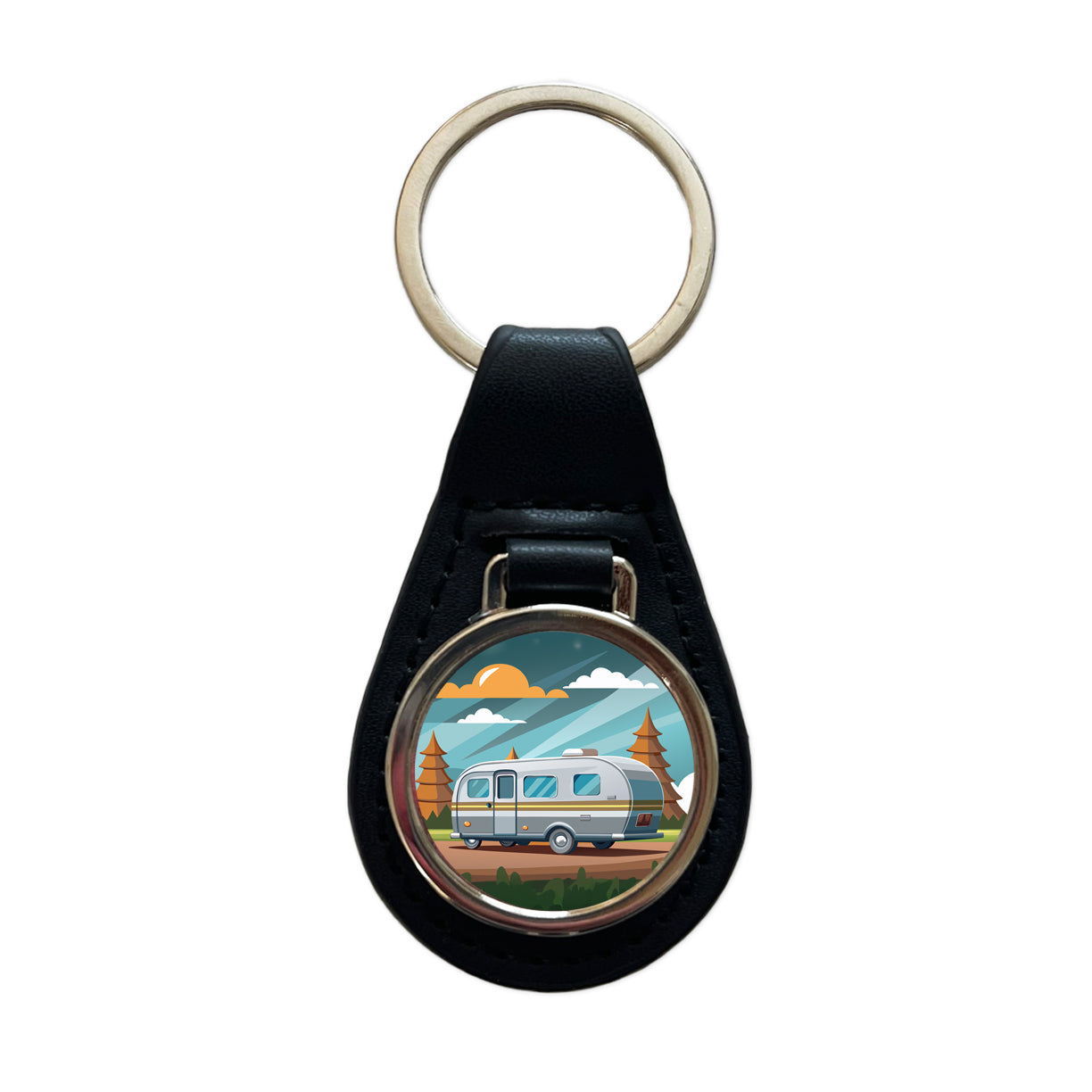 Camper RV Trailer Traveling Road Trip Black Leather Metal Keychain