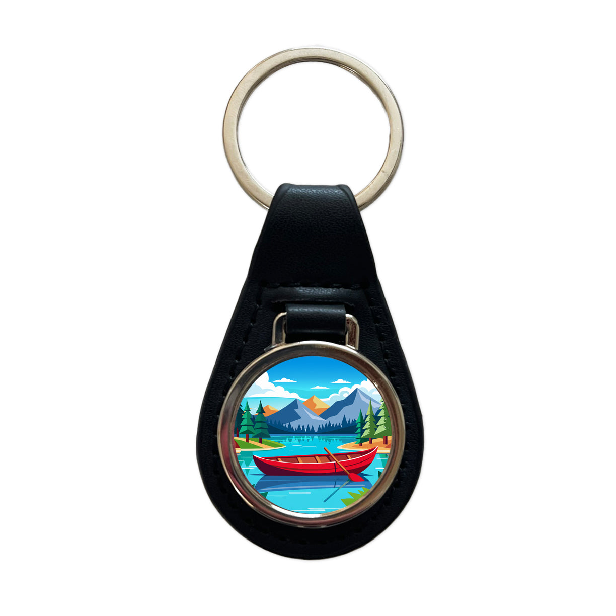 Canoe on Lake Red Black Leather Metal Keychain