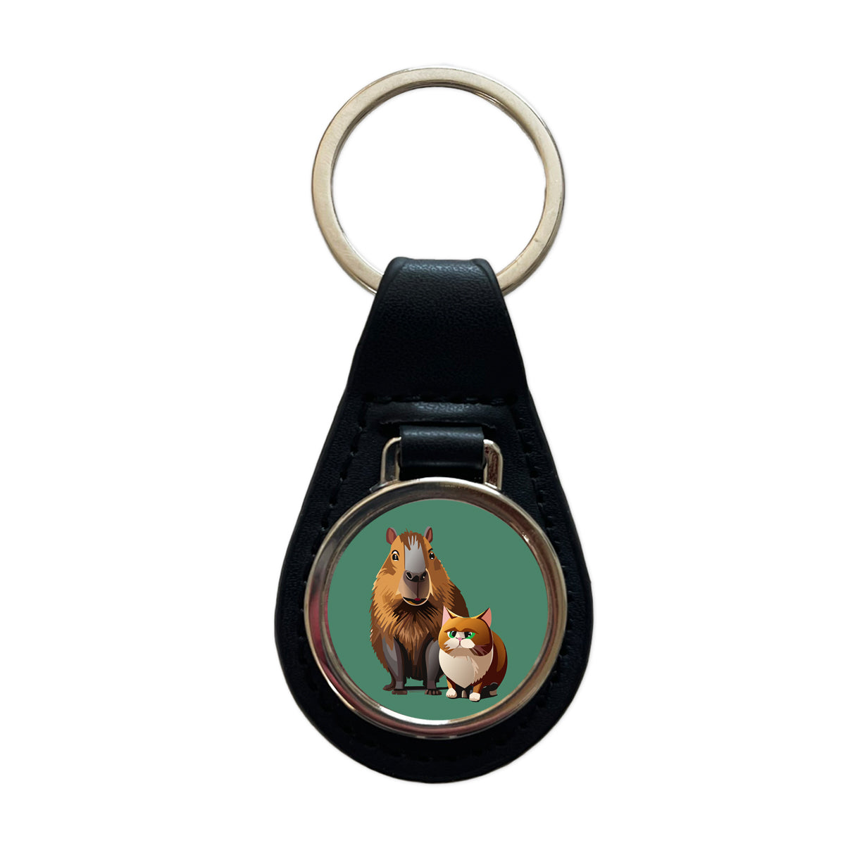 Capybara and Cat Best Friends BFF Cute Black Leather Metal Keychain