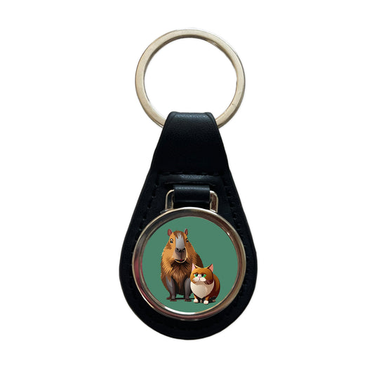 Capybara and Cat Best Friends BFF Cute Black Leather Metal Keychain