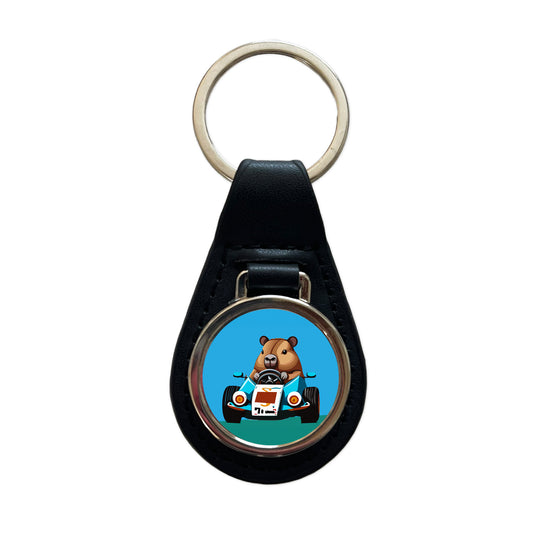 Capybara Driving Race Car Funny Black Leather Metal Keychain