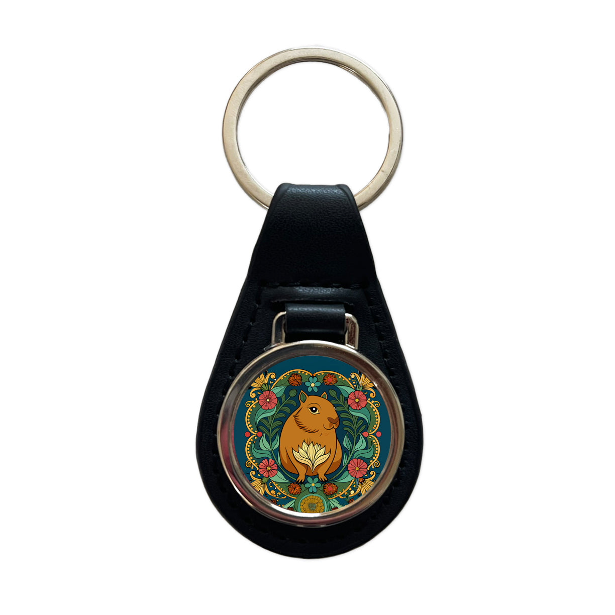 Capybara Floral Art Nouveau Flowers Elegant Black Leather Metal Keychain