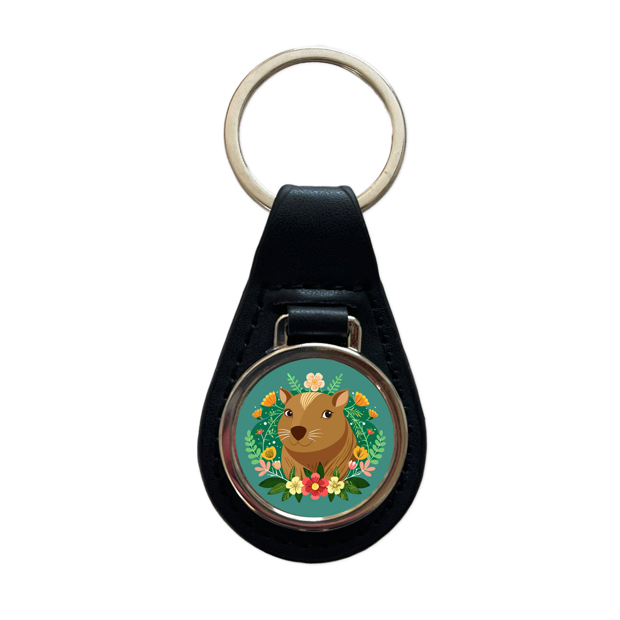 Capybara Head Floral Flowers Black Leather Metal Keychain