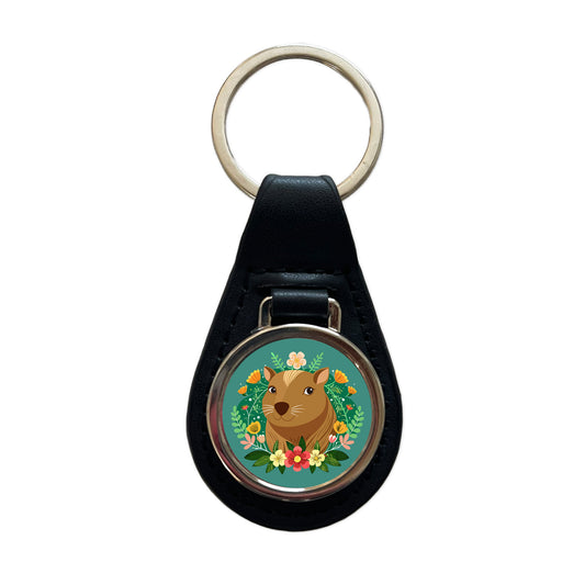 Capybara Head Floral Flowers Black Leather Metal Keychain